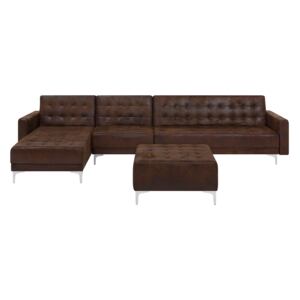 Corner Sofa Bed Brown Faux Leather Tufted Modern L-Shaped Modular 4 Seater with Ottoman Right Hand Chaise Longue Beliani