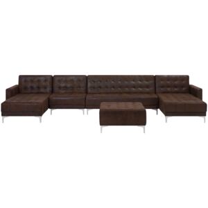 Corner Sofa Bed Brown Faux Leather Tufted Modern U-Shaped Modular 6 Seater with Ottoman Chaise Longues Beliani