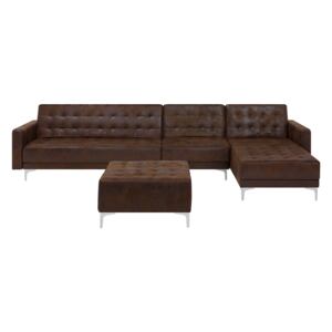 Corner Sofa Bed Brown Faux Leather Tufted Modern L-Shaped Modular 5 Seater with Ottoman Left Hand Chaise Longue Beliani