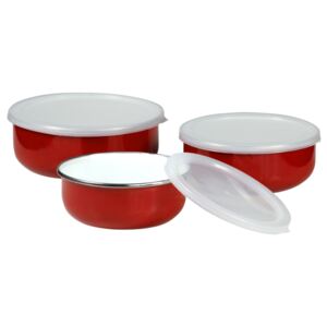 Set of enamel containers with plastic lids