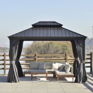 Outsunny Outdoor Hardtop Gazebo Canopy Aluminum Frame with 2-Tier Roof & Mesh Netting Sidewalls for Patio, 3.7 x 3(m), Grey