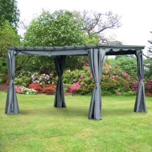 Outsunny 3.6 x 3(m) Outdoor Pergola Gazebo Retractable Canopy Garden Shelter Sun Shade Party with Curtains, Aluminum, Dark Grey