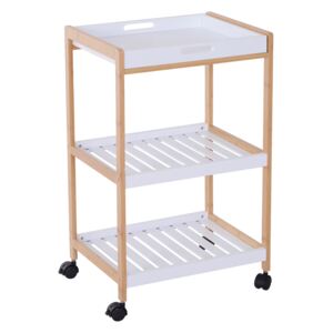 HOMCOM Mobile Serving Trolley Kitchen Cart Bamboo 3-Tier 75cm Rolling Wheels White