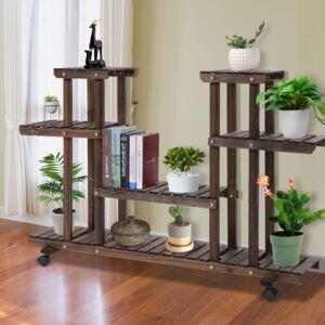 Outsunny Wooden Rustic 4-Tier Plant Stand with Wheels and Handle Indoor & Outdoor Flower Pot Organizer Storage Rack for Garden Balcony Living Room