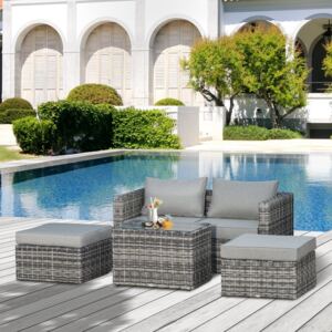 Outsunny 5 Pcs Rattan Garden Furniture Set w/ Tall Glass-Top Table Aluminium Frame Plastic Wicker Thick Soft Cushions Balcony Sofa-Mixed Grey