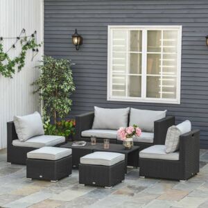 Outsunny 8pc Rattan Garden Furniture 6 Seater Sofa & Coffee Table Set Outdoor Patio Furniture Wicker Weave Chair Space-saving Compact - Black