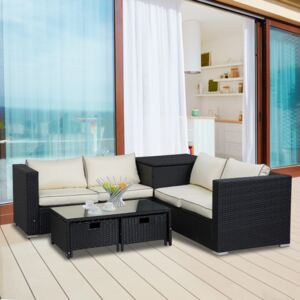 Outsunny 4 pcs Rattan Wicker Garden Furniture Patio Sofa Storage & Table Set w/ 2 Drawers Cushions Storage Corner Trunk Coffee Black