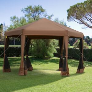 Outsunny 3.2m Pop Up Gazebo Hexagonal Canopy Tent Outdoor Sun Protection with Mesh Sidewalls, Handy Bag, Dark Brown