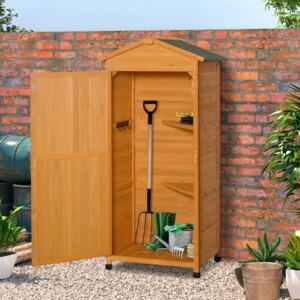 Outsunny Wooden Garden Cabinet 3-Tier Storage Shed 2 Shelves Lockable Organizer with Hooks Foot Pad 74 x 55 x 155cm Dark Yellow