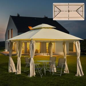 Outsunny Gazebo Canop4 x 3(m) Outdoor Party Tent Garden Pavilion Patio Shelter w/ LED Solar Light, Double Tier Roof, Curtains, Steel Frame, Khaki
