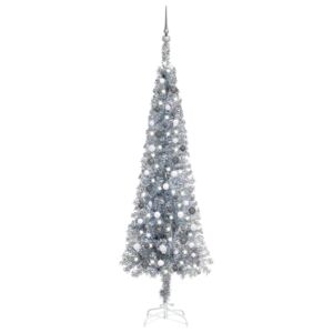 Slim Christmas Tree with LEDs&Ball Set Silver 240 cm