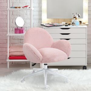 HOMCOM Fluffy Leisure Chair Faux Fur for Girls, Ladies Home Bedroom Living Room with Wheels, Pink