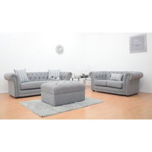 Chesterfield Fabric High Arm 3 & 2 Sofa with Footstool - Light Grey