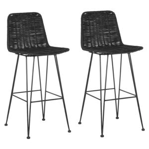 Set of 2 Bar Chairs Black Rattan Wicker Metal Frame Rustic Indoor Boho Design Beliani