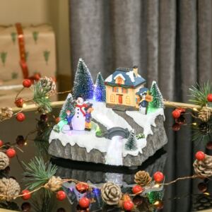 HOMCOM Animated Christmas Village Scene Musical Holiday Decoration with LED Light, Music, Fiber Optic, Rotating Skating Pond, Battery-Operated