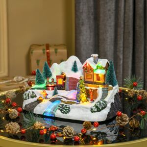 HOMCOM Prelit Christmas Musical Villages with Rotating Tree Animated Xmas Village with Sound Fibre Optic Transformer or Battery-Operated Festival Decoration for Tabletop