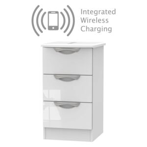 Portofino White Gloss 3 Drawer Bedside Cabinet - Rechargeable