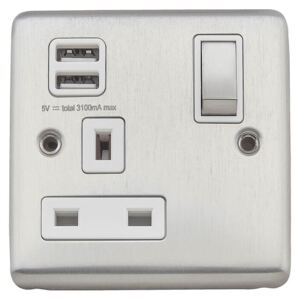 Arlec Metal Screwed 13 Amp 1 Gang Switched Socket with 2 x 2.1 Amp USB Stainless Steel
