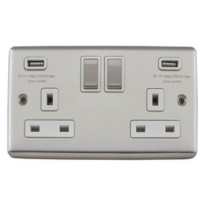 Arlec Metal Screwed 13 Amp 2 Gang Switched Socket with 2 x 3.A USB Stainless Steel