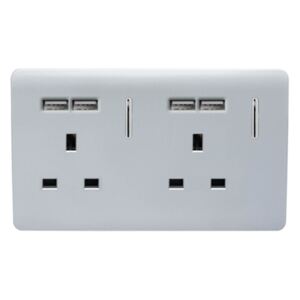 Trendi Switch 2 Gang 13 amp short switched Plug 4x USB Socket in Screwless Silver