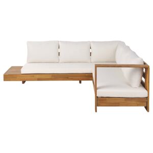 Outdoor Lounge Set Light Acacia Wood with Off-White Cushions Large Sofa with Side Table Beliani
