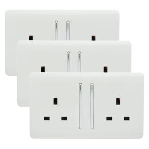 Trendi Switch 2 Gang 13 amp long switched Plug Socket in Screwless White (3 Pack)