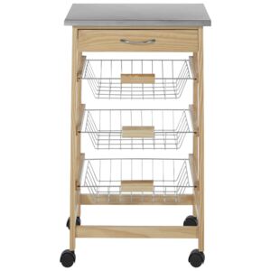 Pinewood Kitchen Trolley with 3 Wire Baskets