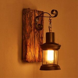 Industrial Wooden Black Lantern Wall Light