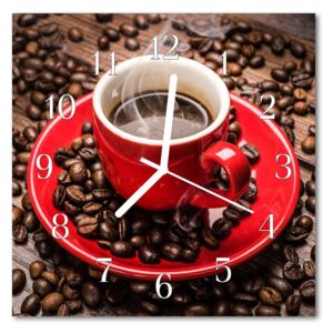 Glass Kitchen Clock Coffee pot food and drinks red, brown 30x30 cm