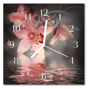 Glass Wall Clock Orchid flowers pink 30x30 cm