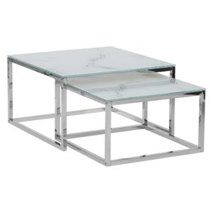 Nest of 2 Coffee Tables White Top Marble Effect Silver Frame Tempered Glass Stainless Steel Legs Minimalist Glam Style Beliani