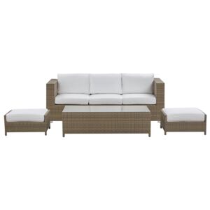 Outdoor Sofa Set Brown Faux Rattan 3 Seater Sofa with Table and 2 Ottomans White Cushions Beliani