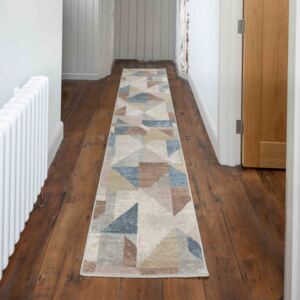 Soft Modern Blue Brown Geometric Abstract Hall Runner Rugs - Riviera
