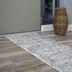 Modern Abstract Distressed Hall Runner Rugs in Blue Aqua - Hatton