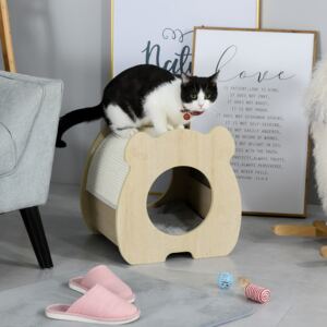 Pawhut Wooden Cat House Hideout Kitten Bed Pet Furniture with Removable Sisal Scratching Pad Soft Plush Cushion for Rest and Play Easy to Clean White