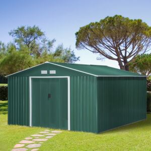 Outsunny 13ft x 11ft Outdoor Garden Roofed Metal Storage Shed Tool Box with Foundation Ventilation & Doors Deep Green