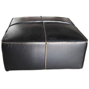 Square Large Shabby Footstool Pouffe Vintage Distressed Black Real Leather