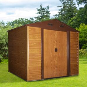 Outsunny 9.1ft x 6.4ft Metal Garden Shed House Hut Gardening Tool Storage with Foundation and Ventilation Brown with wood grain