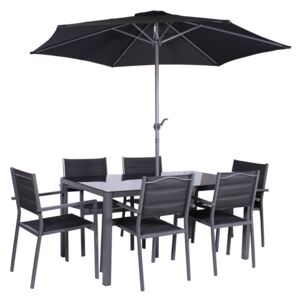 Sorrento 6 Seater Outdoor Dining Set with Parasol, Rectangular Black Garden Furniture with Dining Table with Chairs | Roseland Furniture