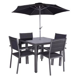 Sorrento 4 Seater Outdoor Dining Set with Parasol, Rectangular Black Garden Furniture with Dining Table with Chairs | Roseland Furniture