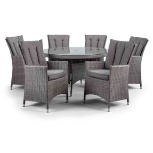 Palma 135cm Round Grey Rattan Dining Table and Chairs with Glass Top, 6 Seater Al Fresco Outdoor Patio Garden Furniture Set | Roseland Furniture